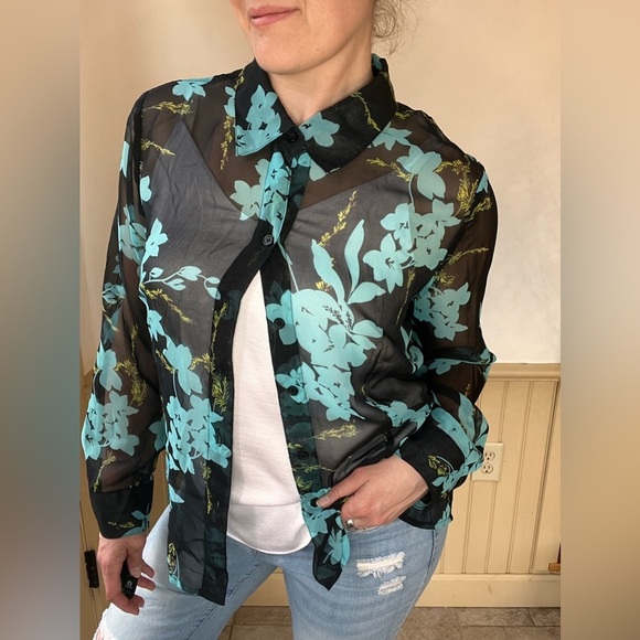 Croft & Barrow Sheer Mesh Floral Blouse Black Y2K Grunge Fairycore XL Whimsigoth - Picture 6 of 10